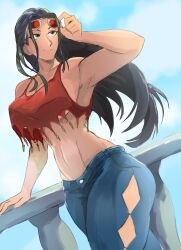 1girls bare_arms bare_shoulders big_breasts black_hair blue_eyes clothed clothing color crop_top da_h00t female female_focus female_only hi_res large_breasts light-skinned_female light_skin long_hair midriff nico_robin no_bra one_piece shounen_jump solo solo_female sunglasses sunglasses_on_head tagme thick_thighs underboob