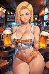 1girls 2d 2d_(artwork) 2d_artwork ai_generated android_18 anime aroused bar big_breasts blonde_hair blue_eyes busty_female curvy dragon_ball dragon_ball_z eyelashes hooters hourglass_figure large_breasts long_eyelashes looking_at_viewer midriff narrow_waist navel no_bra no_bra_under_clothes orange_shorts short_hair sitting small_shorts smile solo stomach tagme thick_thighs thin_eyebrows white_female white_shirt white_skin wide_hips zweibelle_(artist)