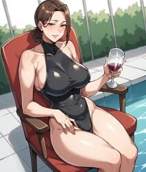 1girls ai_generated ass big_ass big_breasts blush breasts brown_eyes brown_hair chair cleavage drunk earrings female female_focus female_only huge_breasts jorgecarlosai looking_at_viewer mature mature_body mature_figure mature_woman milf milfs navel one-piece_swimsuit one_piece_swimsuit pool poolside pov red_chair sitting solo solo_female solo_focus swimsuit thick thick_ass thick_thighs thighs voluptuous voluptuous_female wide_hips wine wood