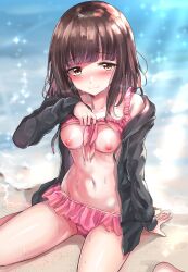 1girls 2018 areolae beach bikini bra_lift breasts brown_hair female female_only hoodie medium_hair menhera_chan_(nanase_kurumi) menhera_shoujo_kurumi-chan midriff nipples pale-skinned_female sak_(lemondisk) small_breasts solo_female swimsuit