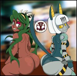 2girls 8ball9615 :3 backboob big_breasts big_butt catgirl dark-skinned_female fukua_(skullgirls) green_eyes green_hair green_lipstick living_hair medium_breasts nude_female robo-fortune robot_girl skullgirls