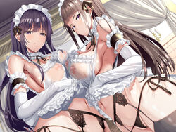 2girls apron apron_lift bangs bare_shoulders black_hair black_legwear black_panties blunt_bangs blush breast_press breasts closed_mouth elbow_gloves eyebrows_visible_through_hair frilled_apron frills garter_belt garter_straps gloves headdress large_breasts long_hair looking_at_viewer maid maid_headdress multiple_girls navel neropaso nipples original panties purple_eyes purple_hair see-through side-tie_panties smile thighhighs underwear white_apron white_gloves