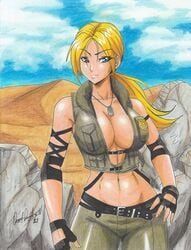 1girls 2021 2d bare_midriff belly_button big_breasts blonde_hair blue_eyes breasts cleavage dog_tags female female_only frown jacket large_breasts mortal_kombat navel no_bra pencil_(artwork) ponytail ravern_clouk solo sonya_blade tagme