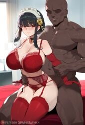 1boy 1girls abs ai_generated bare_arms bare_legs bare_shoulders bare_thighs bed big_breasts black_hair blush color dark-skinned_male dark_skin female hi_res interracial large_breasts light-skinned_female light_skin lingerie long_hair looking_at_another male male/female mistarman muscles muscular muscular_arms muscular_male netorare ntr on_bed red_eyes spy_x_family tagme thiccwithaq_(ai_style) thick_thighs yor_briar yor_forger