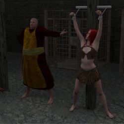 1boy 3d anthonydiff bald bondage bound bound_wrists female midriff original red_hair slave slave_market slavegirl