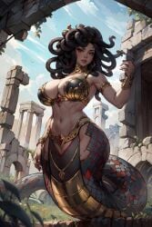 1girls ai_generated ass bathing breasts curvy draconcopode european_mythology gorgon greek_mythology lamia looking_at_viewer looking_back monster_girl mythology outdoors public_domain snake_girl snake_hair thick_naga_hips thick_thighs yellow_eyes yellow_sclera zweibelle_(artist)