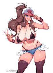 1girls 5_fingers alternate_breast_size armpits bare_shoulders big_breasts blue_eyes breasts brown_hair female female_only hilda_(pokemon) hips hourglass_figure huge_breasts human human_only humanoid large_breasts makinakid minishorts nintendo pokemon pokemon_bw shorts simple_background solo solo_female standing text thick thick_thighs thigh_gap thighhighs thighs thong tongue tongue_out v voluptuous watermark white_background wide_hips