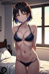 ai_generated arms_behind_back ass_visible_through_thighs bangs bare_shoulders bed bikini black_bikini black_hair blush breasts cleavage closed_mouth collarbone cowboy_shot female halterneck indoors kazama_jun looking_at_viewer medium_breasts multicolored_hair navel on_bed pikkiwynn pillow short_hair solo stomach swimsuit tekken thigh_gap unknown_(tekken) window yellow_eyes