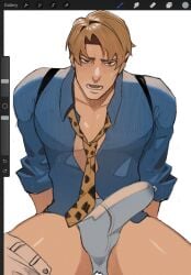 1boy art_program_in_frame blonde_hair boxer_briefs brown_eyes bulge cowboy_shot erection erection_under_clothes highres horror_himbos jujutsu_kaisen kento_nanami looking_at_viewer lower_teeth_only male_focus male_only male_underwear muscular muscular_male nanami_kento necktie open_mouth precum shirt short_hair solo teeth underwear unfinished white_male_underwear yellow_necktie