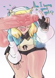 <3 1boy artist_signature blonde_hair breasts bridget clothed clothed_female dedalo dialogue english_text fingerless_gloves guilty_gear heart huge_cock huge_thighs medium_hair peace_sign penis text these_aren't_my_glasses thighs