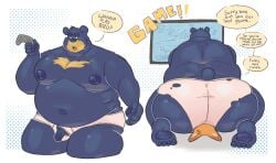 anthro ass bear belly belly_overhang bet big_belly big_butt big_dom_small_sub big_moobs big_nipples black_bear black_body black_fur clothed clothing dare dialogue distracted dominant duo english_text facesitting fat_rolls fur gaming gaming_bet genitals hi_res holes_in_underwear huge_butt lost_bet male male/male mammal matchaijuice moobs nipples obese obese_anthro obese_male overweight overweight_anthro overweight_male paws penis penis_through_underwear playing_videogame sitting_on_another size_difference skindentation small_penis solo_focus text thick_thighs torn_clothing torn_underwear underwear underwear_only ursine