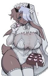 1girls 2024 big_breasts blush blush_lines bra breasts brown_body brown_fur brown_hair caprine chocolate chocolate_heart ear_piercing eyelashes female female_only furry furry_only goat goat_ears goat_girl goat_horns grey_eyes half-closed_eyes heart horns huge_breasts lilac_hair mouth_piercing noona_(noona_plz) noona_plz one_eye_obstructed open_mouth simple_background stockings tongue translucent_clothing valentine's_day wedding_dress