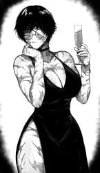 1girls bandage_over_one_eye big_breasts burn_marks burn_scar burns busty cleavage dress drink elegant_dress female female_only glasses good_artwork holding_drink huge_breasts jujutsu_kaisen large_breasts masoq095 monochrome one_eye_covered scar scarred scars scars_all_over short_hair shounen_jump tomboy zenin_maki