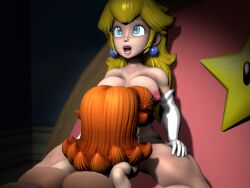 3d bed blonde_hair blue_eyes brown_hair cunnilingus female female/female female_only indoors long_hair mario_(series) naked nude princess_daisy princess_peach sfm source_filmmaker supaphreak super_mario_bros. yuri