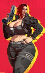 1girls abs big_breasts blue_eyes breasts busty cleavage curvaceous curvy curvy_body curvy_female curvy_figure cyberpunk_2077 female firearm gun hand_on_hip handgun huge_breasts large_breasts lips pants raidouzero red_hair revolver thick_thighs thighs v_(cyberpunk_2077) valerie_(cyberpunk_2077) voluptuous weapon wide_hips