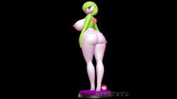 16:9 3d_(artwork) absurd_res anthro ass big_breasts big_butt black_background breasts clothing digital_media_(artwork) dress female gardevoir generation_3_pokemon green_body hi_res looking_back nintendo nipples nonotoys pink_nipples pinup pokeball pokemon pokemon_(species) pose red_eyes simple_background smile solo tall white_body widescreen