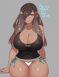 1girls bikini_bottom breasts brown_hair cleavage dark-skinned_female dark_skin female female_only hair_over_one_eye huge_breasts ryo_agawa solo tank_top thick_thighs wide_hips