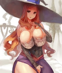 1girls :o arm_on_breast arm_on_chest arm_on_own_breast big_breasts breasts clothed_female covered_nipples dragon's_crown female female_focus female_only ginger ginger_hair kazo looking_at_viewer open_mouth open_mouth solo solo_female solo_focus sorceress_(dragon's_crown) thick thick_thighs witch wizard_hat