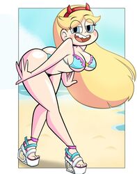 1girls ass beach bent_wrist bikini blonde_hair blue_eyes breasts casual cleavage disney disney_channel female female_focus female_only grimphantom hair hair_ornament heart_heels light-skinned_female light_skin long_blonde_hair long_hair open_toe_shoes public shoes smile solo solo_female star_butterfly star_vs_the_forces_of_evil thick_thighs thong thong_bikini wedge_heels