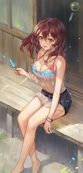 1girls 2020s 2021 barefoot big_breasts bikini bikini_bottom bikini_top black_bottomwear blush bottomwear bracelets breasts brown_eyes brown_hair clothing copper_hair denim_shorts dress earrings heartseek000 human jewelry kujikawa_rise long_hair looking_at_viewer necklace outdoors pale-skinned_female pale_skin persona persona_4 pinup popsicle see-through see-through_clothing shirt shorts shorts_under_dress sitting smile smiling smiling_at_viewer solo swimsuit swimwear teenage_girl teenager tomboy topwear wind