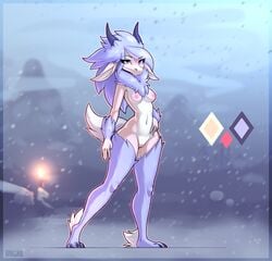 anthro areola blue_body blue_fur breasts claws detailed_background female fur furred_kobold genitals hi_res horn hybrid invalid_tag kobold mammal multicolored_body multicolored_fur nipples phluks pink_areola plantigrade pussy snow solo two_tone_body two_tone_fur white_body white_fur