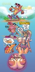 1boy 1girls 2021 alternate_body_type alternate_breast_size anthro belt big_ass big_breasts blonde_hair breast_slip breasts_out brother brother_and_sister clothing coco_bandicoot comedy crash_(series) crash_bandicoot english_text female funny furry goudadunn hi_res huge_breasts humor large_breasts male nipples overalls sister tagme taller_girl text thick_thighs underboob