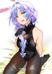 1girls 2020s 2021 2d alternate_version_available animal_ears artist_name big_breasts black_gloves black_legwear black_leotard black_pantyhose blush braid breasts bunny_ears bunny_girl clothed clothed_female covered_breasts covered_navel covered_nipples covered_pussy female female_focus female_only gloves hololive hololive_fantasy hololive_japan holomilfs kemonomimi leotard light-skinned_female light_skin long_braid looking_at_viewer mature mature_female milf open_mouth pale-skinned_female pale_skin pantyhose pekomama pussy seiza simple_background sleeveless slim_waist solo sydus virtual_youtuber watermark white_background wide_hips