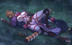 alien alien_(franchise) bad_end black_hair cero320 choking corpse death defeated facehugger facehugger_egg facehugging fate/grand_order fate_(series) female_death huge_breasts minamoto_no_raikou_(fate/grand_order) tagme tail xenomorph