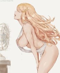 1girls absurd_res areola_slip areolae artist_name blonde_hair breasts casual_exposure closed_eyes cooling_off cutesexyrobutts electric_fan erect_nipples erect_nipples_under_clothes fan female female_focus female_only hi_res leaning_forward long_hair medium_breasts mythra nintendo open_mouth sideboob signature simple_background solo solo_female thighs xenoblade_(series) xenoblade_chronicles_2