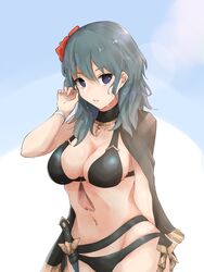 1girls alternate_costume bikini black_bikini black_swimsuit blue_eyes blue_hair breasts byleth_(fire_emblem) byleth_(fire_emblem)_(female) byleth_(summer)_(fire_emblem)_(female) cape female female_only fire_emblem fire_emblem:_three_houses fire_emblem_heroes flower flower_in_hair hair_flower hair_flowers knife light-skinned_female light_skin looking_at_viewer medium_hair nintendo ocean outdoors outside red_flower sakura_no_yoru soaked solo solo_female swimsuit teal_hair water wet