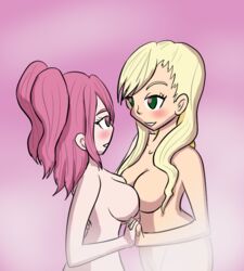 2girls blonde_hair breasts breasts_to_breasts female green_eyes looking_at_each_other medium_hair multiple_girls mythkaz naked nude oc original original_character pink_eyes pink_hair symmetrical_docking white_skin yuri