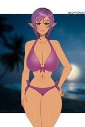 1girls bare_legs bare_midriff bare_shoulders bare_thighs beach bikini cleavage collarbone cryptid_crab dark-skinned_female dark_skin earrings elf full_moon kizmel large_breasts looking_at_viewer medium_hair moon night ocean palm_tree pointy_ears purple_bikini purple_eyes purple_hair purple_swimsuit seaside smile solo swimsuit sword_art_online thick_thighs tree violet_bikini violet_swimsuit