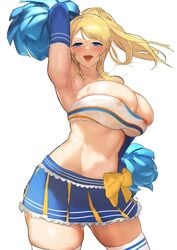 1girls armpits ass ayase_eli belly_button big_ass big_breasts blonde_hair blue_eyes breasts breasts_bigger_than_head cheerleader cheerleader_uniform large_breasts love_live! love_live!_school_idol_project nipple_bulge nipple_slip nipples nipples_visible_through_clothing pom_poms ponytail sakanaaj1 sexy_armpits shoulders sweat sweating sweaty sweaty_breasts thick_thighs thighs