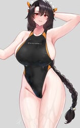 1girls 2021 arm_up bare_shoulders big_breasts black_hair black_one-piece_swimsuit black_swimsuit black_swimwear black_wyrm_s9 breasts covered_navel covered_nipples dark_hair female female_focus female_only grey_background hayabusa huge_breasts last_origin light-skinned_female light_skin long_braid long_hair looking_at_viewer one-piece_swimsuit red_eyes simple_background solo swimsuit swimwear very_long_hair wet wet_body wet_skin