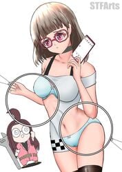 2girls ashamed black_socks black_thighhighs blue_bra blue_panties blue_underwear brown_hair cellphone emma_(metal_slug) female glasses looking_down metal_slug metal_slug_attack short_hair snk stfarts sylfie_(metal_slug) thighhighs white_background x-ray x-ray_glasses x-ray_vision