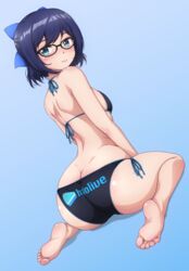 1girls a-chan_(hololive) asian ass ass_cleavage ass_focus barefoot big_ass bikini blue_eyes butt_crack fat_ass feet female_only glasses hair_ribbon hololive hololive_staff p-nekoe purple_hair small_breasts solo solo_female virtual_youtuber wariza