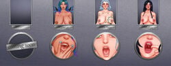 2021 3girls aethosart aged_down baba_yaga baba_yaga_(smite) babylonian_mythology black_hair blind_eye blue_eyes blue_hair blush breasts chinese_mythology deity drool earrings european_mythology female female_only glory_hole goddess gradient_hair green_eyes grey_hair hag humanized jewelry large_breasts long_hair mulan_(smite) multiple_girls name_tag nightmare_waifu nipple_piercing nipple_rings nipples nude open_mouth party_wipe photo photo_(object) public_display public_domain public_sex_slave public_use saliva sex_slave slave slavic_mythology smile smite tattoo tattoos tiamat tiamat_(smite) turquoise_hair two_tone_hair wings