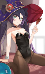 1girls alternate_costume aqua_eyes bed bedsheets breasts bunnysuit female genshin_impact hat holding holding_object holding_wine_glass kemile long_hair mona_(genshin_impact) on_bed purple_hair solo the_first_pigeon_ji twintails white_skin wine_glass