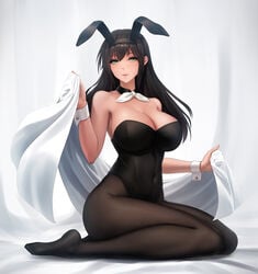 1girls 2018 bare_shoulders black_legwear black_leotard black_pantyhose breasts bunny_ears bunny_girl bunnysuit cleavage female female_focus female_only green_eyes large_breasts leotard looking_at_viewer obaoba_(monkeyix) original original_character pantyhose seiza simple_background solo white_background white_wrist_cuffs wrist_cuffs