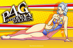 1girls 2019 bikini biting_lip blue_nails blush breasts darkereve female_focus female_only looking_at_viewer margaret_(persona) necklace persona persona_4 short_hair solo tattoo voluptuous white_hair white_skin yellow_background yellow_eyes