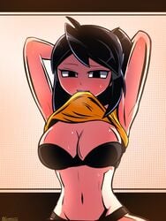 arms_behind_head arms_up black_eyes black_hair black_panties blush borrowed_character bra breasts cleavage crossxvii huge_breasts lucia_(scott_malin) mouth_hold navel panties shirt shirt_in_mouth shirt_lift sweat tagme the_panty_bear