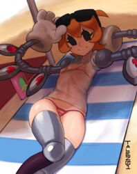 1girls beach bikini female legs navel orange_hair peacock_(skullgirls) skullgirls smile sunglasses_on_head talez01 thighs towel wet_shirt