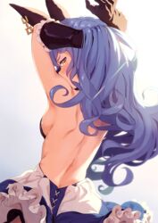 1girls animal_ears armpits arms_above_head bare_arms bare_back bare_shoulders blush breasts bunny_ears dress female female_focus female_only ferry_(granblue_fantasy) frills from_behind gold_eyes kinta_(distortion) long_hair looking_at_viewer sideboob