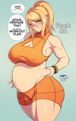 1girls alien_pregnancy big_breasts blush breasts coffeeslice early_pregnancy eyes female female_only female_protagonist large_breasts metroid pregnant samus_aran thick_thighs wide_hips