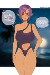 1girls bare_legs bare_shoulders bare_thighs beach cleavage collarbone cryptid_crab dark-skinned_female dark_skin dialogue earrings elf english_text full_moon kizmel large_breasts looking_at_viewer medium_hair moon night ocean one-piece_swimsuit palm_tree pointy_ears purple_eyes purple_hair purple_swimsuit seaside smile solo swimsuit sword_art_online text thick_thighs tree