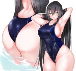 armpits belly big_breasts black_hair green_eyes one-piece_swimsuit sideboob simple_background swimsuit uzura_kazuhisa