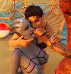 3d ashley_williams beach cum cum_in_mouth cumshot cyberbolt jerkingoff krogan liara_t'soni mass_effect