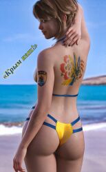 1girls 3d arm_tattoo ass back_tattoo beach bikini crimea eastern_european national_personification politics posing sea seaside short_hair slavic solo_female tattoo ukraine ukrainian_girl ukranian