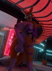 3d anthro areolae balls big_balls big_breasts big_butt big_nipples big_penis blue_eyes breasts claws digimon erection furry futanari huge_balls huge_breasts huge_cock huge_cock jigjig looking_at_viewer muscular nipples open_mouth penis renamon smile solo tail teeth two_tone_body