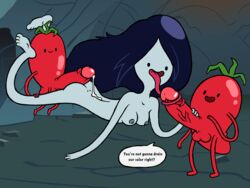 1girls 2boys adventure_time black_hair buttjob cartoon_network cum cum_on_body dark_hair english_text fellatio female grey_skin long_hair long_tongue marceline marceline_abadeer naked nude nude_female penis red_skin text thecrazypartyco